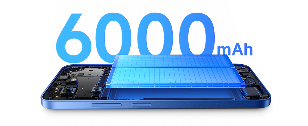 Batterie smartphone 6000 mAh haute capacité avec vue interne du téléphone