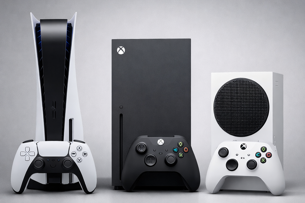 PlayStation 5, Xbox Series X et Xbox Series S côte à côte comparaison consoles