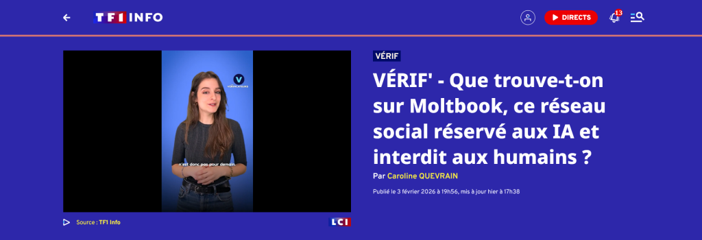 Capture d’écran TF1 Info présentant un reportage sur Moltbook, réseau social réservé aux IA