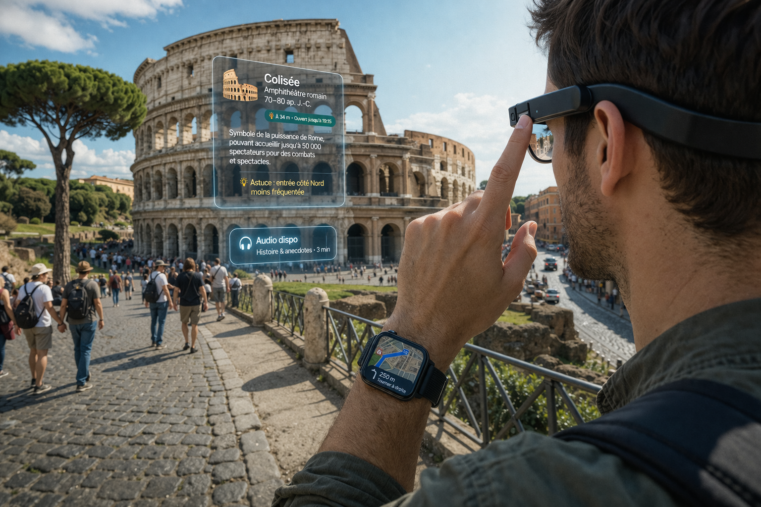 Informations en réalité augmentée affichées par des lunettes connectées devant le Colisée à Rome