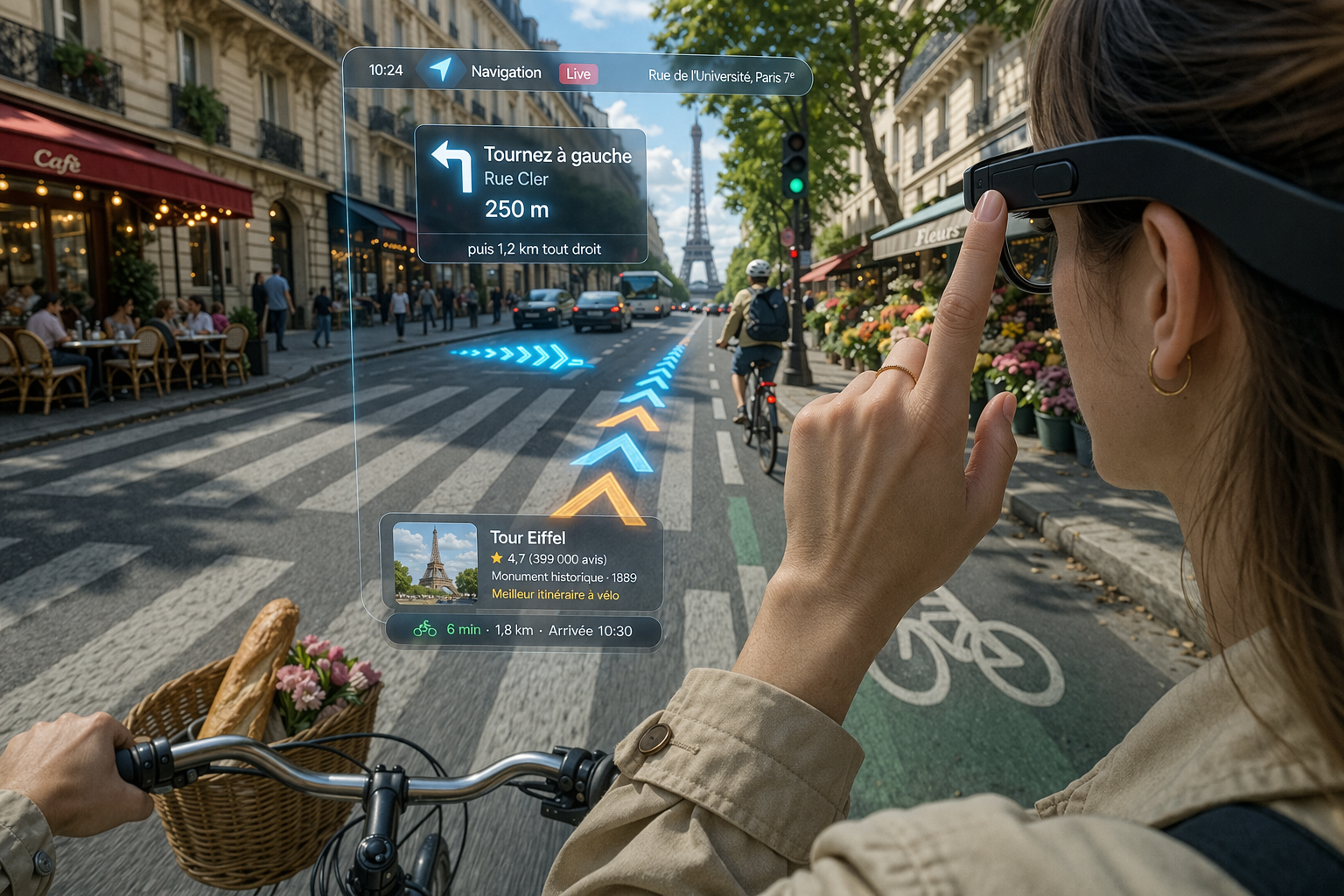 Navigation GPS en réalité augmentée affichée par des lunettes connectées lors d’un trajet à vélo en ville