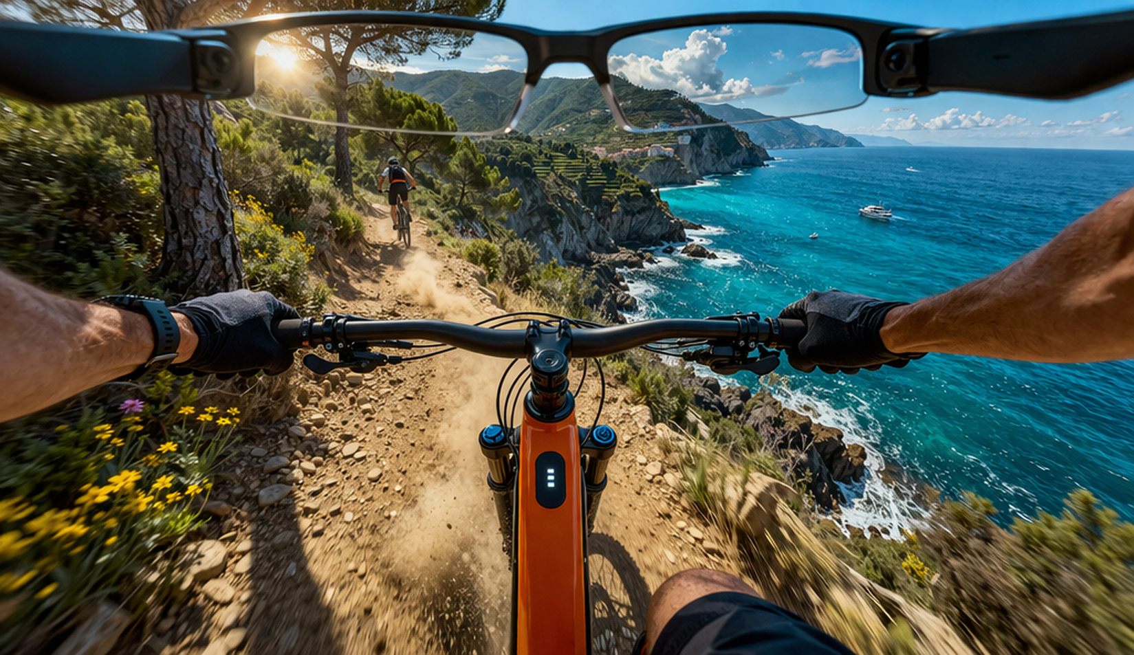 Capture POV mains libres avec des lunettes connectées IA lors d’une descente en VTT