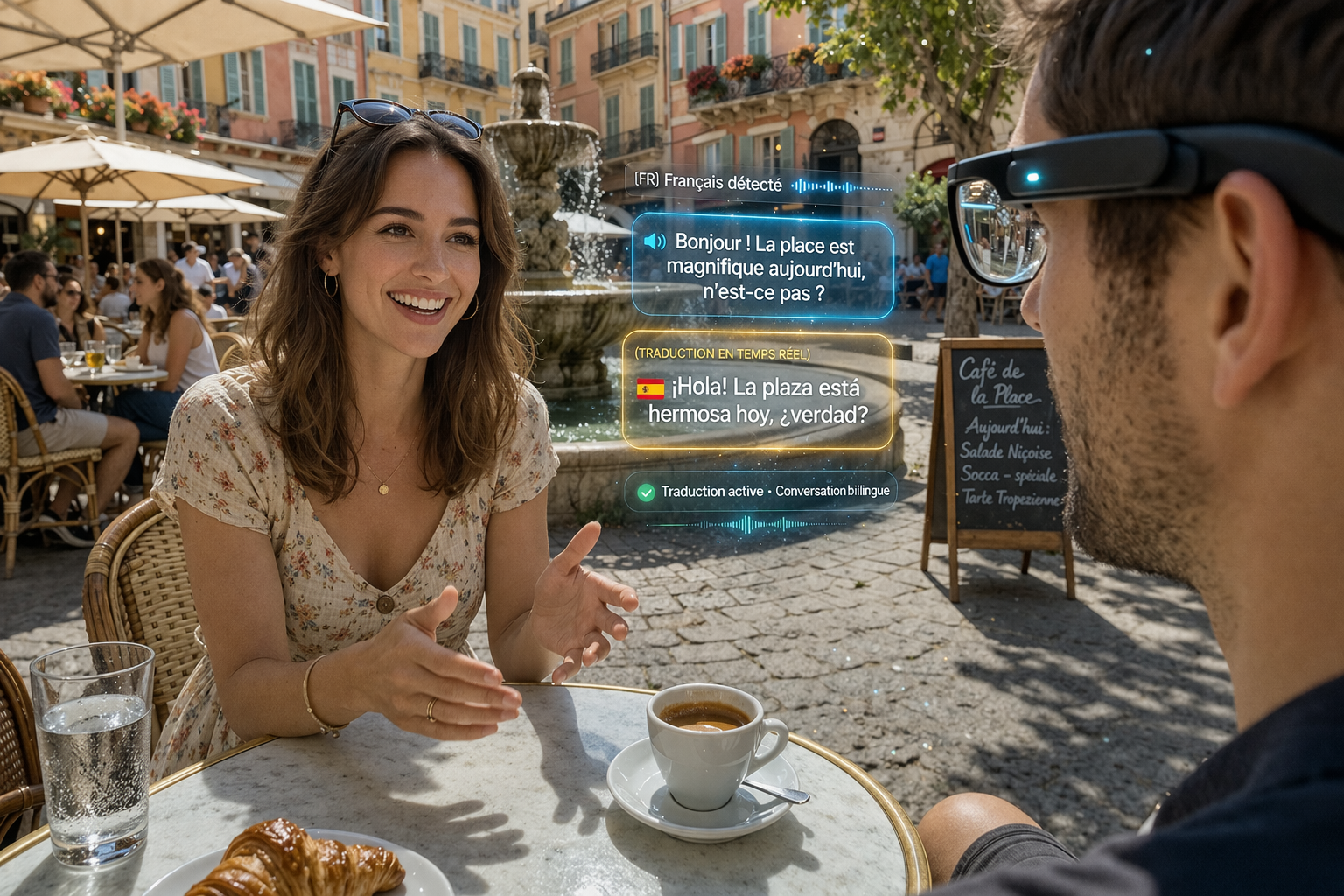 Traduction instantanée d’une conversation via des lunettes connectées intelligentes dans un café