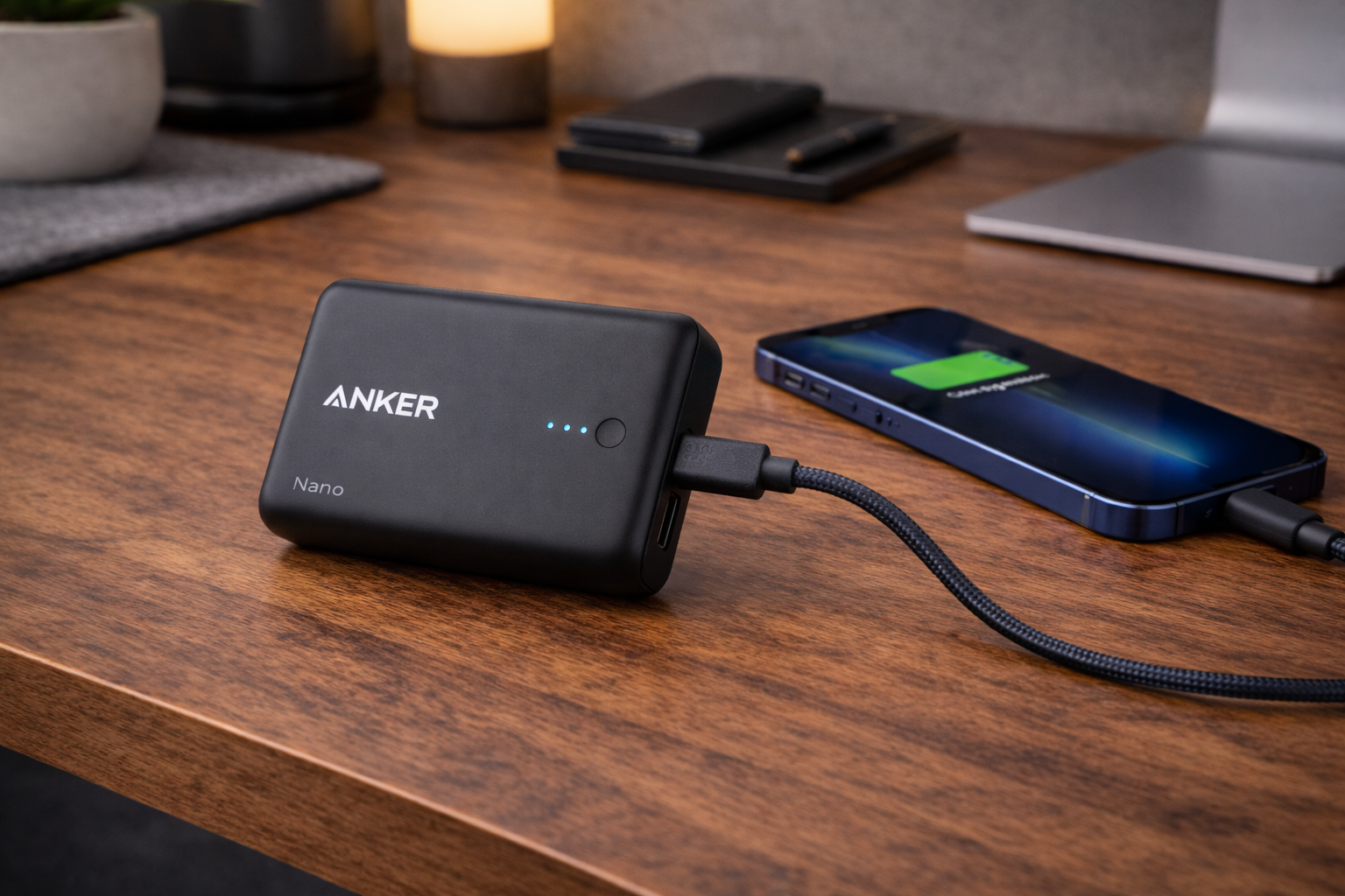 Batterie portable Anker sur bureau en bois