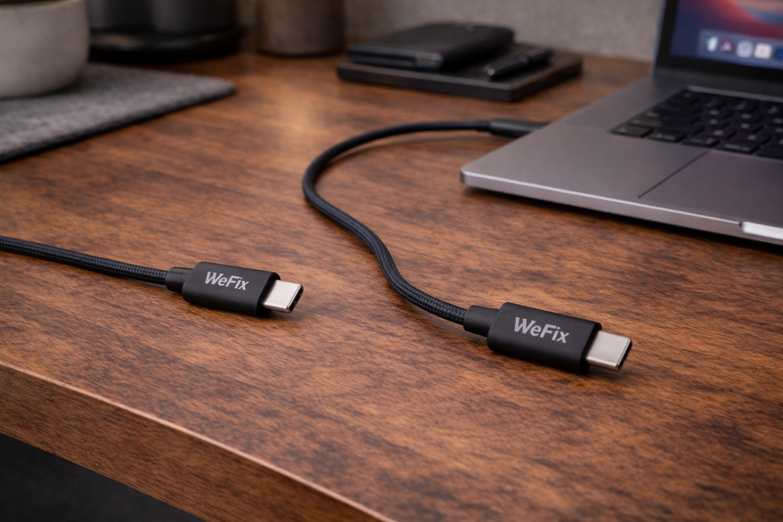 Cable USB-C sur bureau en bois