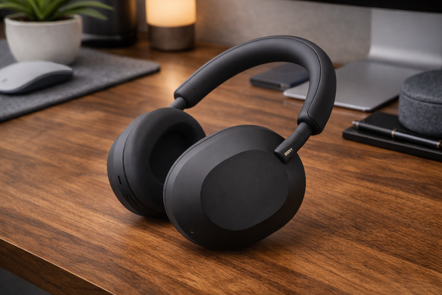 Casque Sony WH-1000XM5 sur bureau bois