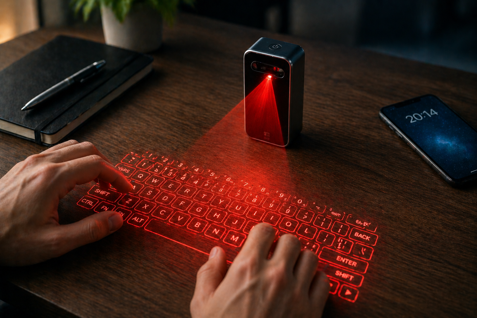 Clavier laser holographique projeté sur une table futuriste