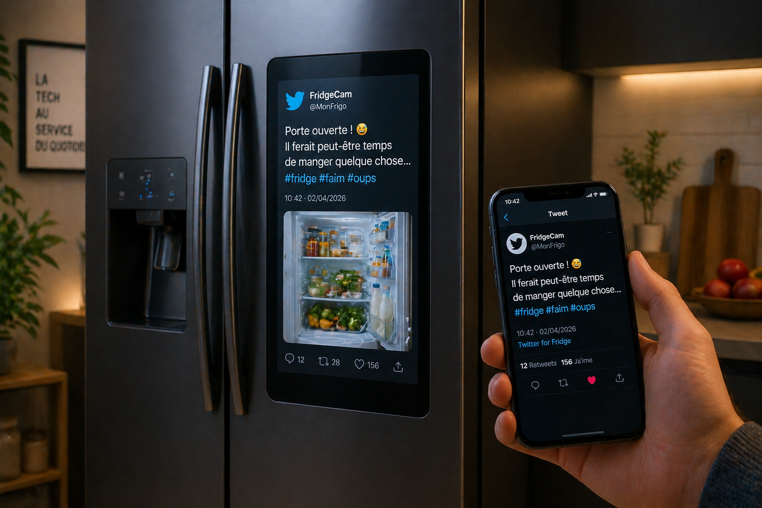 Réfrigérateur connecté publiant sur X dans une cuisine futuriste