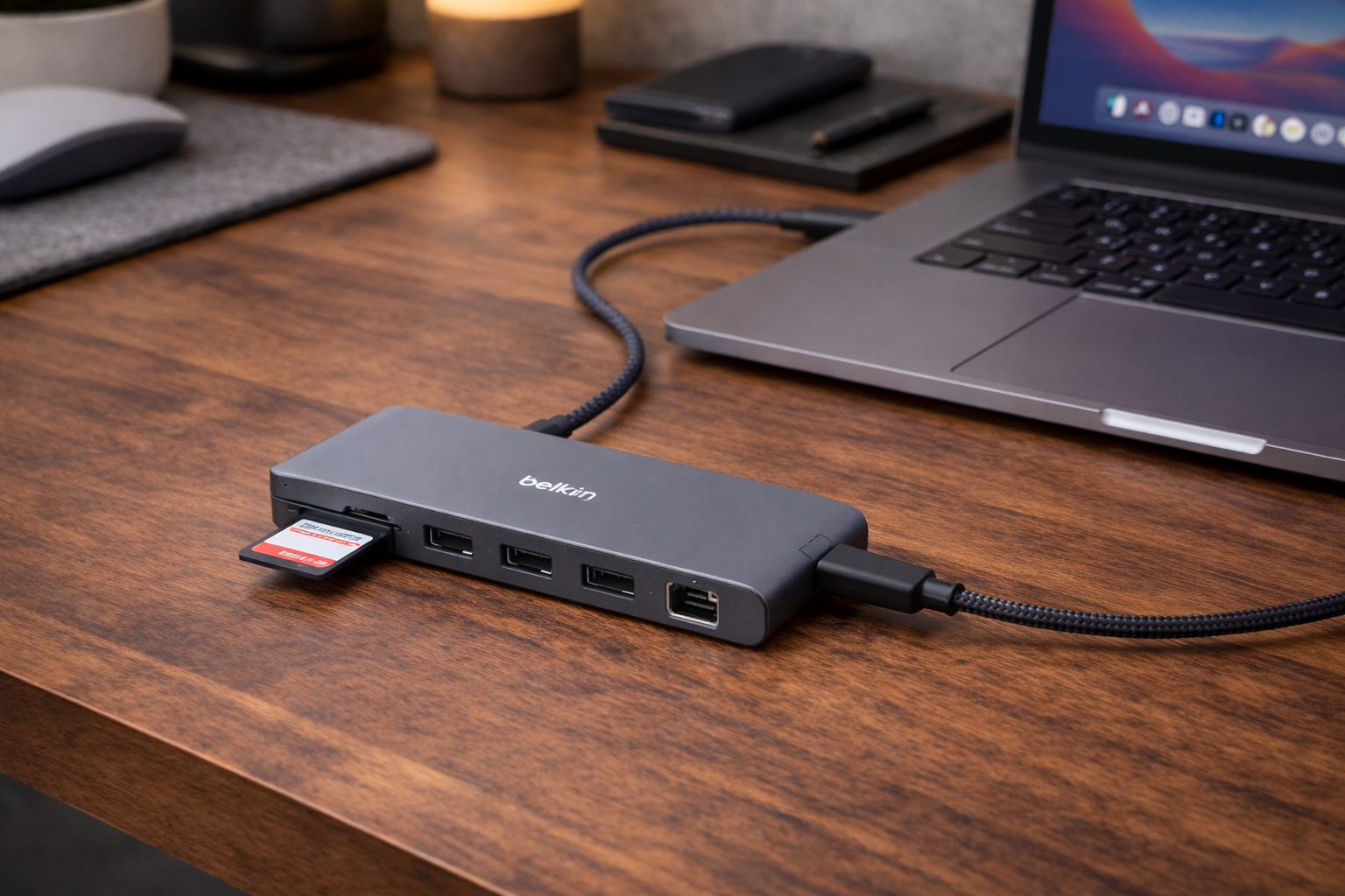 Hub Belkin sur bureau en bois