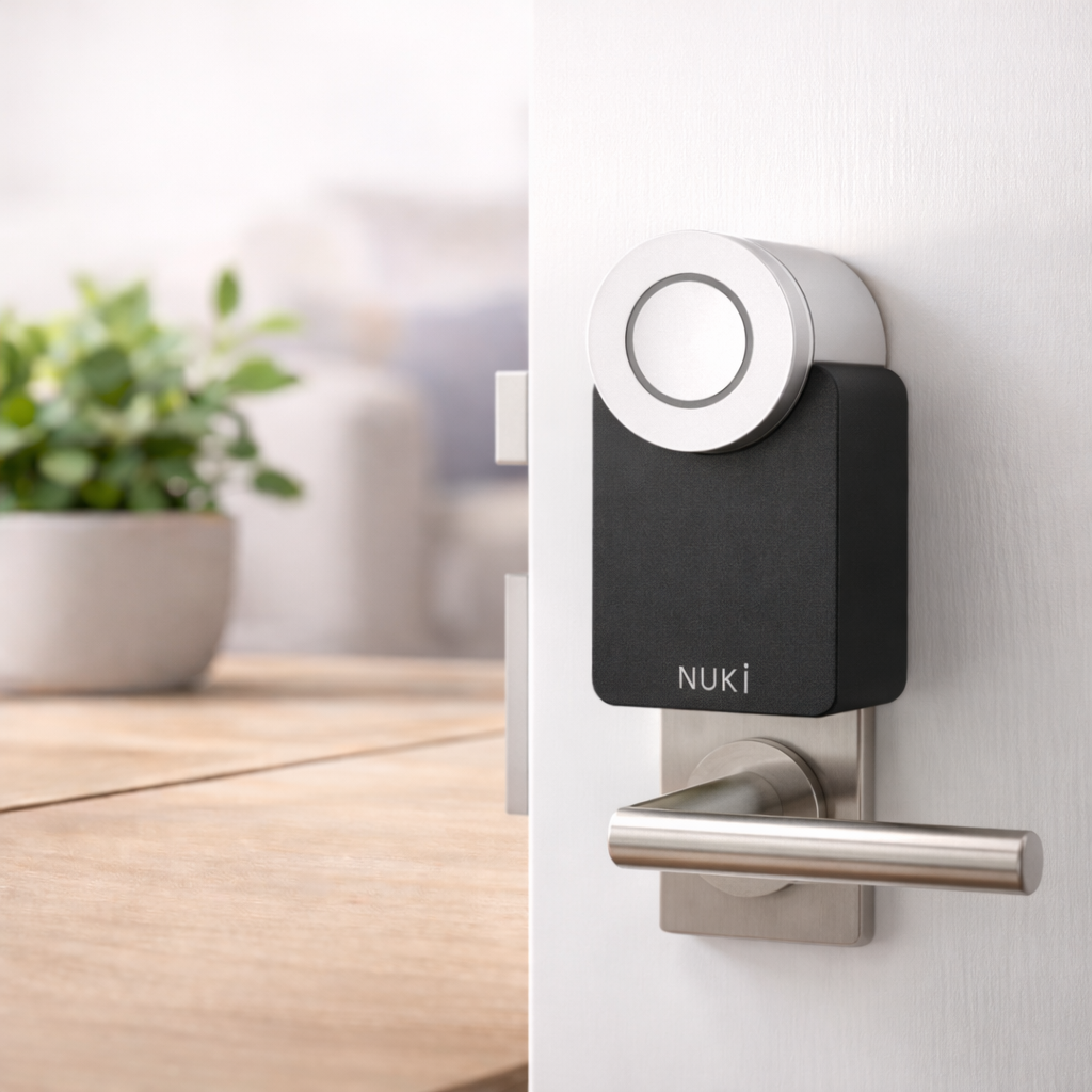 Serrure connectée moderne sur porte blanche