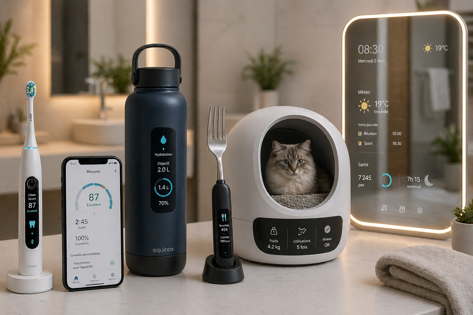 Collection d’objets connectés du quotidien avec brosse à dents intelligente, gourde connectée, fourchette connectée, litière autonome et miroir intelligent