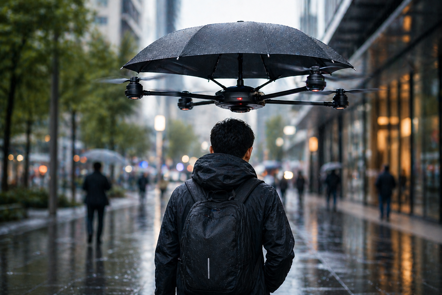 Drone volant servant de parapluie autonome dans une rue sous la pluie